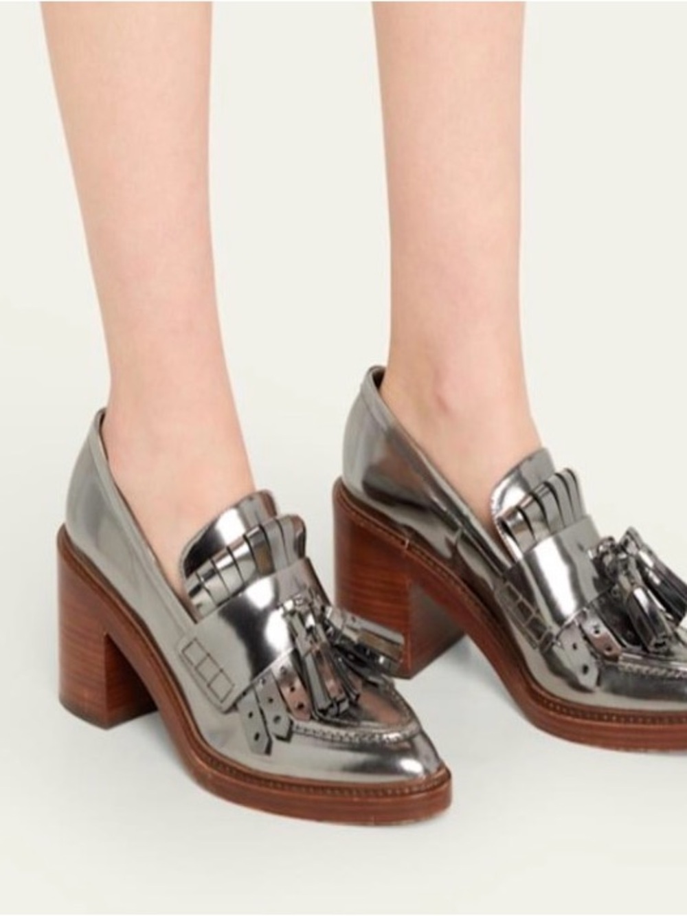 Ulla Johnson Metallic Silver Tassel Loafers with Stacked Wood Heel
